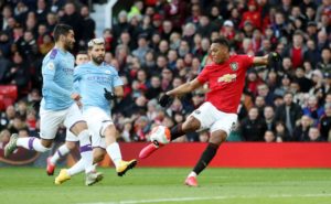 Anthony Martial scores the first goal against Manchester City