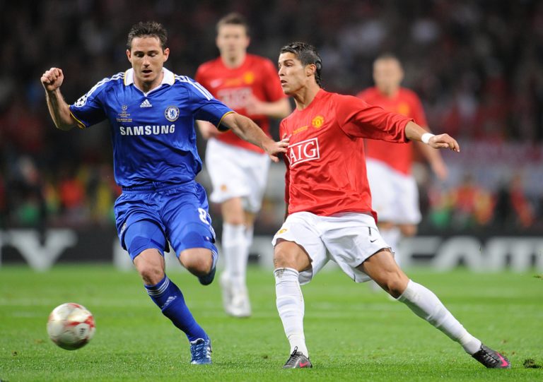 Chelsea's Frank Lampard and Manchester United's Cristiano Ronaldo battle for the ball in the 2008 Champions League final