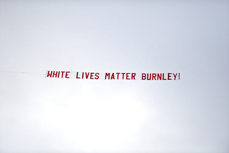 A White Lives Matter banner was flown over the Etihad Stadium on Monday night