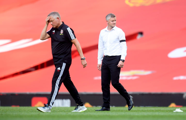 Sheffield United manager Chris Wilder, left, was not a happy man at full-time 