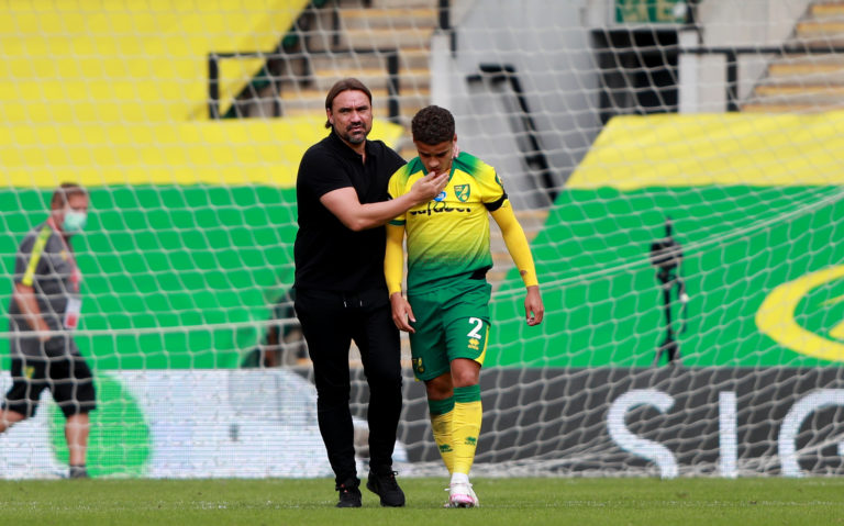 Norwich manager Daniel Farke with Max Aarons after the final whistle