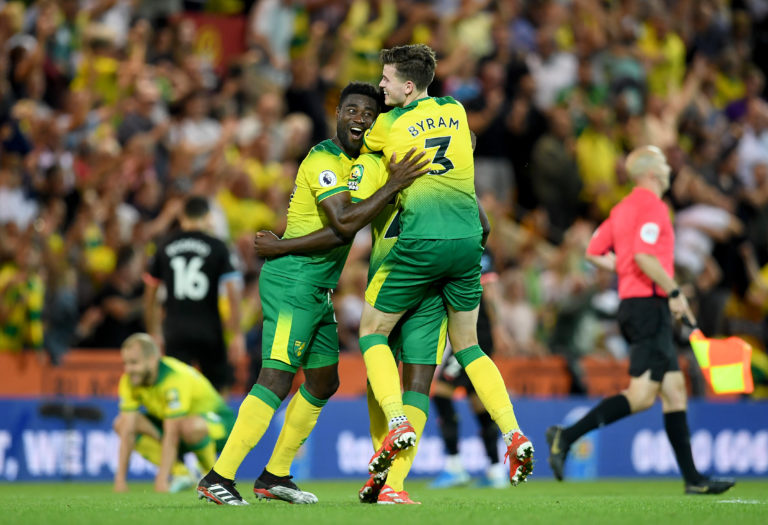 Norwich celebrate their victory over Manchester City 