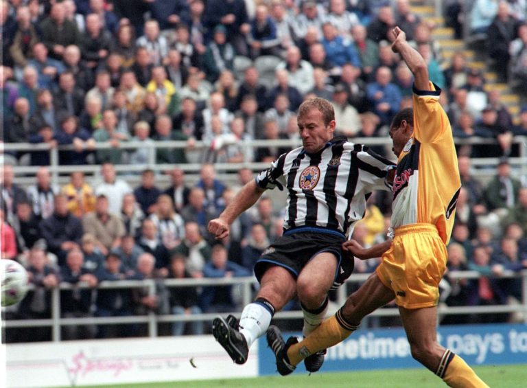Alan Shearer scores the third of his five goals against Sheffield Wednesday