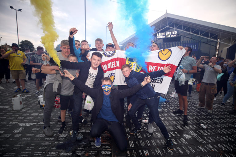 Leeds fans celebrate outside Elland Road