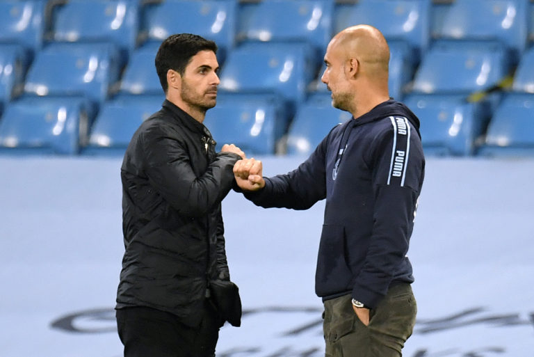 Guardiola (right) drew a distinction between Arsenal on and off the pitch in his praise of the Gunners