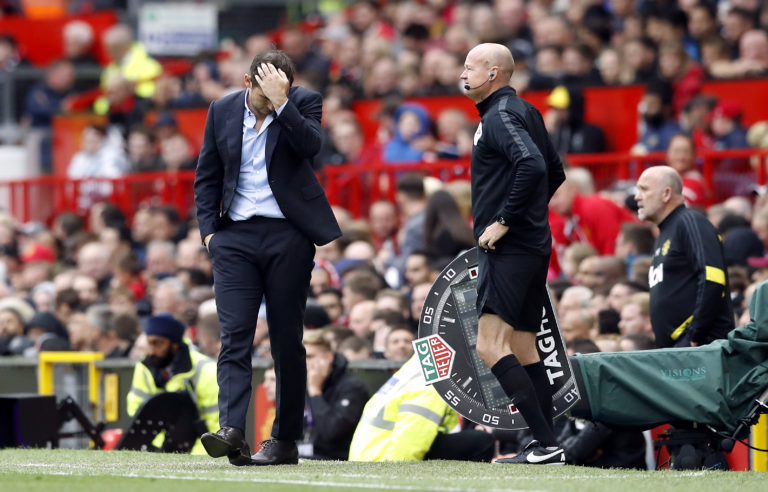Frank Lampard, left, scratches his head during a nightmare start as Chelsea manager. Despite a relatively positive performance, the Blues were thumped 4-0 by Manchester United at Old Trafford in Lampard's first competitive match since succeeding Maurizio Sarri
