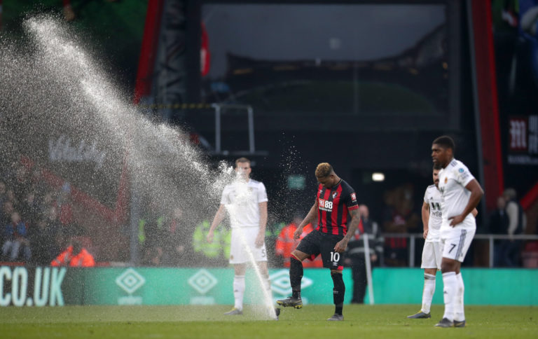 Jordon Ibe takes matters into this own hands after Bournemouth's home defeat to Wolves is briefly interrupted by a sprinkler malfunction. Winger Ibe left the Vitality Stadium before the end of the prolonged season having managed just five Premier League goals following a GBP 16million move from Liverpool in 2016 