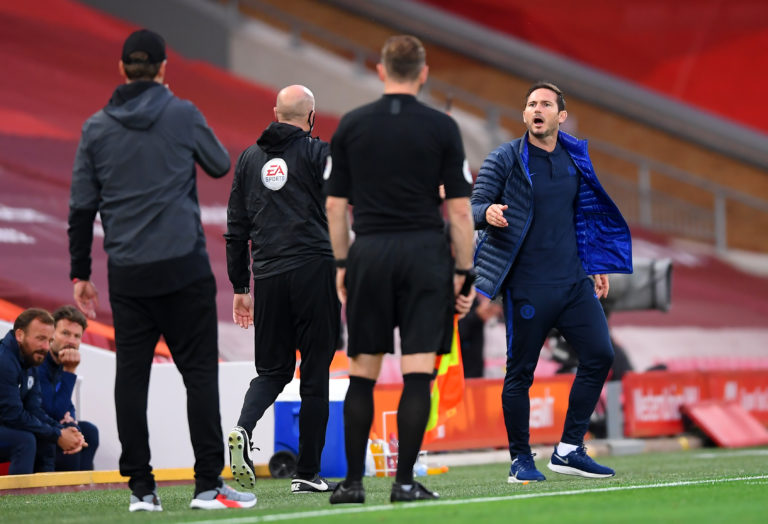 Chelsea manager Frank Lampard argued with Liverpool manager Jurgen Klopp and his backroom staff at Anfield