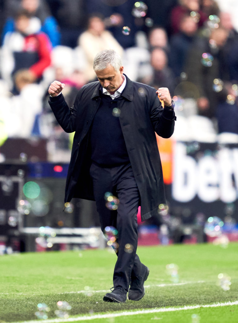Jose Mourinho clenches his fists in delight after returning to the Premier League with victory at West Ham. Former Chelsea and Manchester United boss Mourinho, who left Old Trafford in December 2018, replaced Mauricio Pochettino as Tottenham manager in November and enjoyed a 3-2 London derby win against the Hammers on debut