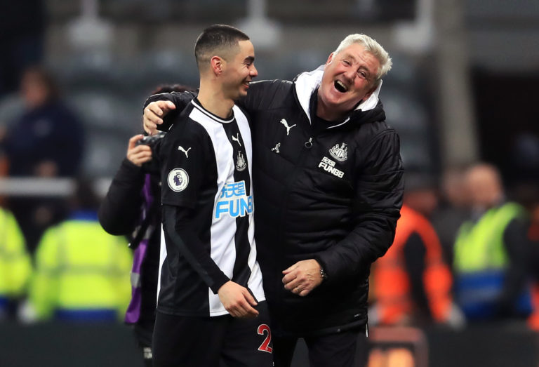 Newcastle manager Steve Bruce, right, shares a joke with Miguel Almiron after the player ended his Premier League drought against Crystal Palace in December. Paraguay international Almiron, a GBP 21million signing from MLS club Atlanta United, had gone 26 top-flight games without a goal before sparking wild celebrations at St James' Park by earning a 1-0 win over the Eagles